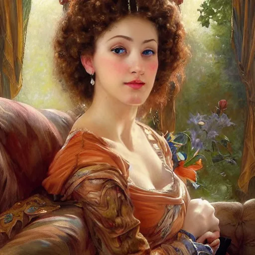 Image similar to a beautiful female is sitting on her living room couch. She is dressed casually and is watching TV, Regal, Realistic, Refined, Detailed Digital Art, Josephine wall, Oil Painting, William-Adolphe Bouguereau, Art Frahm, Esao Andrews, Steampunk, Walt Disney (1937), Highly Detailed, Cinematic Lighting, Unreal Engine, 8k, HD