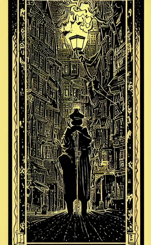 Prompt: black paper tarot card a lamplighter turning on a lamppost on a street, latticework in the style of vintage detailed illustration designed by marc simonetti and mike mignola black light style intricate ink illustration