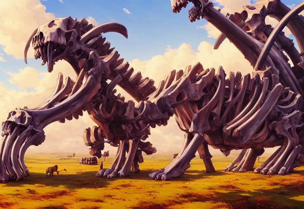 Prompt: giant animal bones in the countryside, intricate oil painting, high detail illustration, sharp high detail, manga and anime 1 9 9 9, official fanart behance hd artstation by jesper ejsing and makoto shinkai, 4 k,