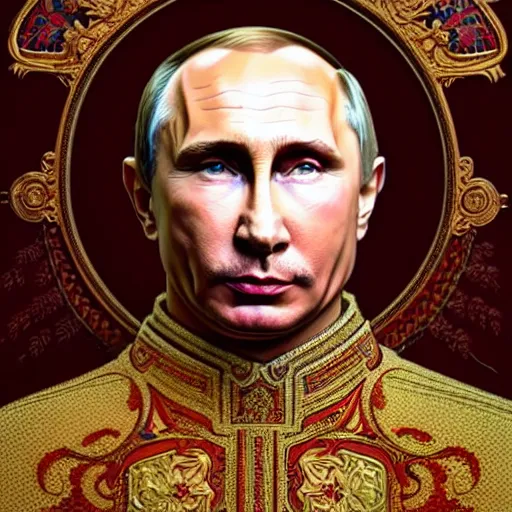 Image similar to a portrait of ( male ) putin, upper half portrait, decorated with russian motifs, traditional russia, intricate, rugged, highly detailed, symmetry, headpiece, digital painting, artstation concept art smooth sharp focus, illustration, art by artgerm and greg rutkowski alphonse mucha 8 k