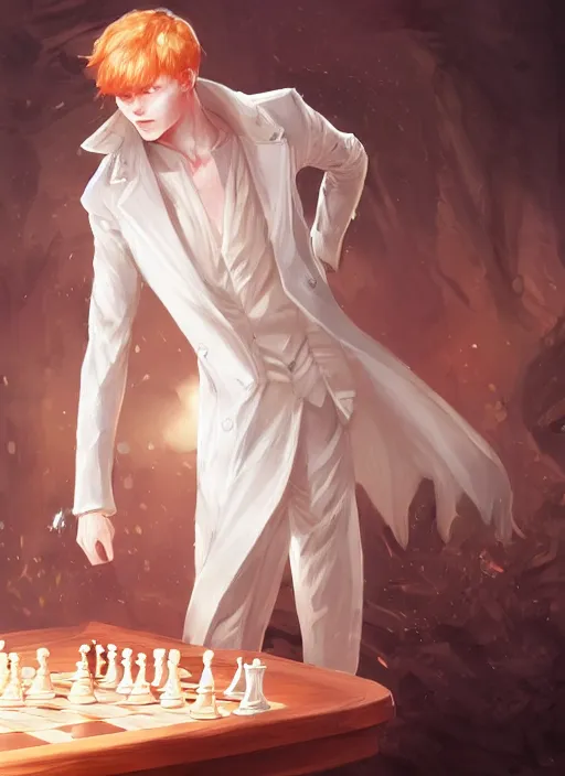 Image similar to a highly detailed illustration of short ginger haired man wearing white suit, dramatic holding chess piece pose, summoning demon girl, intricate, elegant, highly detailed, centered, digital painting, artstation, concept art, smooth, sharp focus, league of legends concept art, WLOP