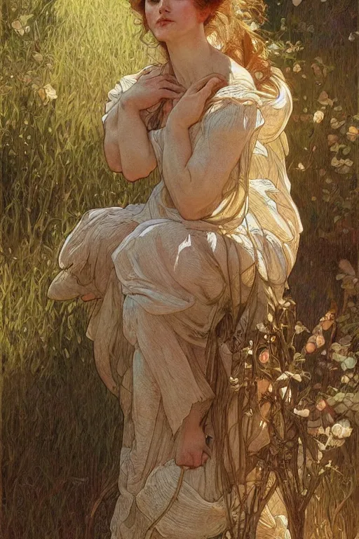 Image similar to beautiful natural coy cottagecore peasant maiden life drawing, intricate, elegant, highly detailed, digital painting, artstation, concept art, smooth, sharp focus, illustration, art alphonse mucha and james gurney and wlop