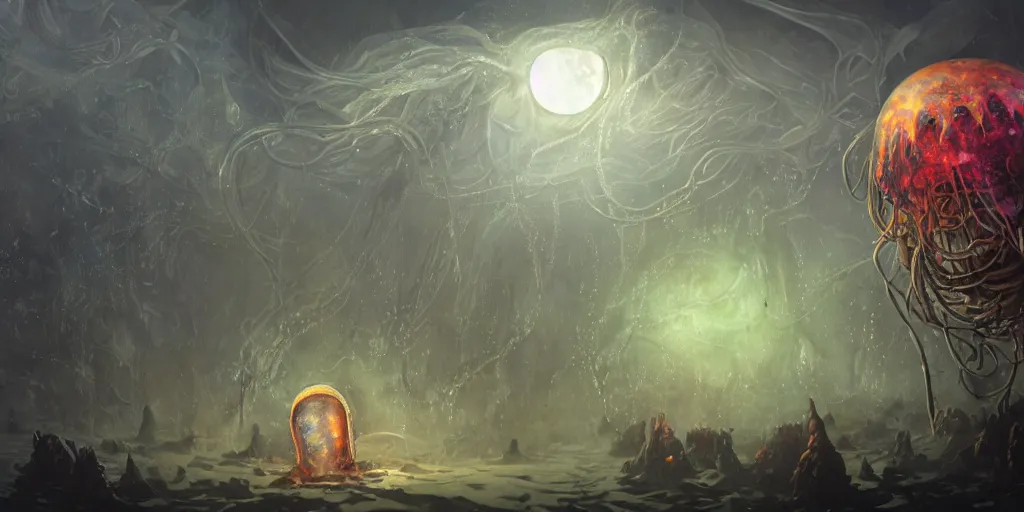 Prompt: concept art of giant translucent glowing jellyfishes, lovecraftian divers helmet, lots of teeth, melting horror, round moon, rich clouds, fighting the horrors of the unknown, mirrors, very detailed, volumetric light, mist, grim, fine art, decaying, textured oil over canvas, epic fantasy art, very colorful, ornate, anato finnstark