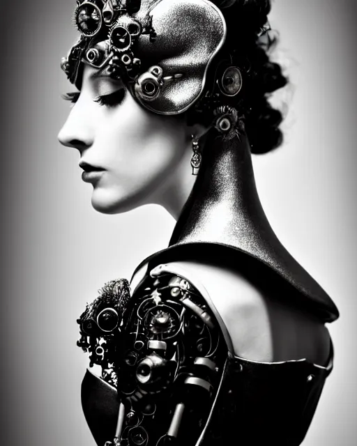 Image similar to a black and white high quality dreamy photo of a young beautiful female queen-silver dragon-vegetal-flower-cyborg veiled bust with a very long steampunk cyborg neck, elegant, highly detailed, poetic, soft, dreamy, mysterious, high fashion, in the style of Horst P. Horst, Metropolis, Realistic, Refined, Digital Art, Highly Detailed, Cinematic Lighting, rim light, black and white, photo-realistic, 8K