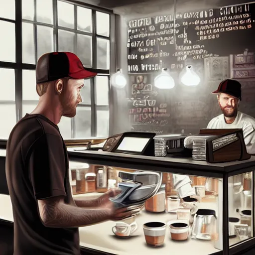 Image similar to Hyperrealistic ultradetailed digital art of Jesse Pinkman working at a coffee shop, realistic, detailed lighting, cinematic, trending on artstation and 500px and behance