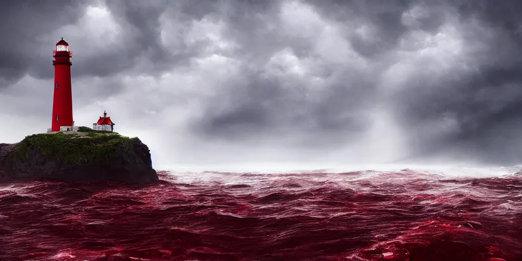 Prompt: A beautiful photorealistic landscape of a sea of blood with a lighthouse sitting in the tumultuous storm, trending on artstation, 8k resolution