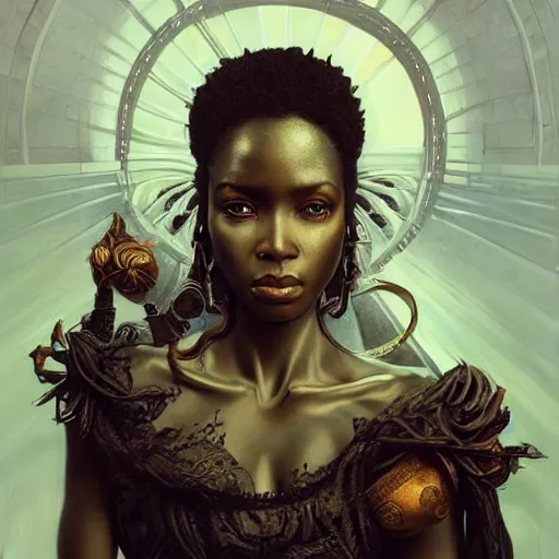 Image similar to studio portrait of a black queen with a beautiful eyes, ultra realistic, concept art, intricate details, eerie, horror, highly detailed, photorealistic, octane render, 8 k, unreal engine. art by artgerm and greg rutkowski and alphonse mucha