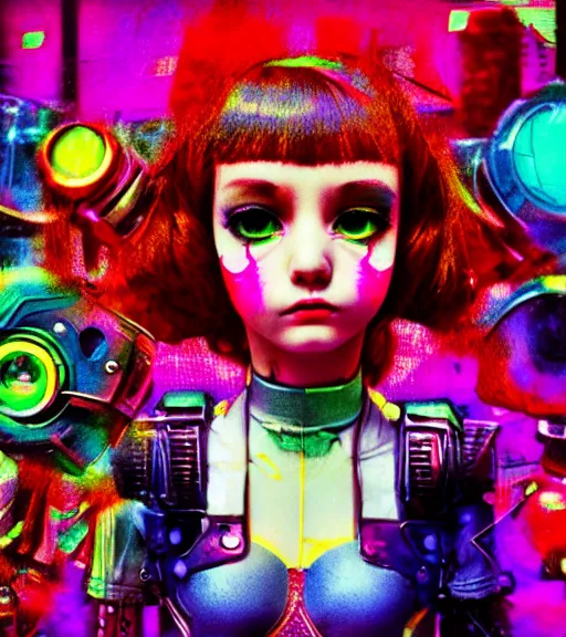 Prompt: 3 5 mm head and shoulders portrait macro shot of a glitchpunk magical girl in a blend of manga - style art, augmented with vibrant composition and color, all filtered through a cybernetic lens, graflex photograph, in the style of mark ryden and pixar and hayao miyazaki