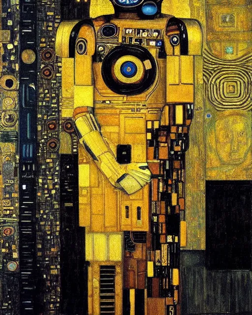 Prompt: Portrait of a droid from iRobot by Gustav Klimt, cyberpunk noir, baroque elements, intricate artwork by caravaggio, aesthetic, intricate, highly detailed, masterpiece