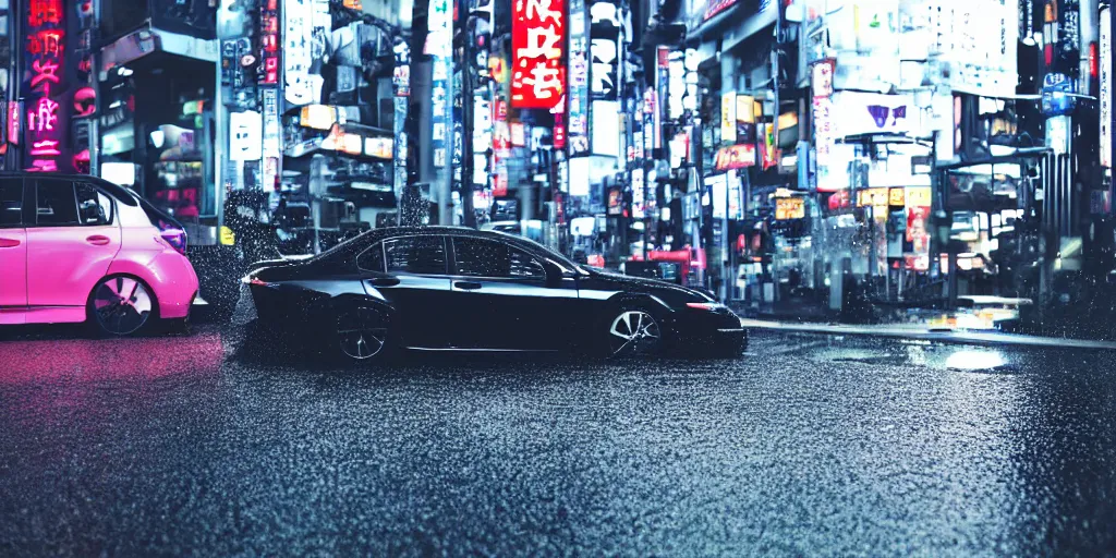 Image similar to tokyo vaporwave black lexus ct 2 0 0 h origami neon signs raining, hyper realisitic wet pavement