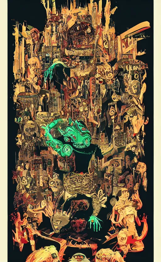 Prompt: cursed with necronomicon horrorcore cel animation poster depicting godlike rat being worshipped by heathens, intricate faces, metropolis, 1 9 5 0 s movie poster, post - processing, vector art