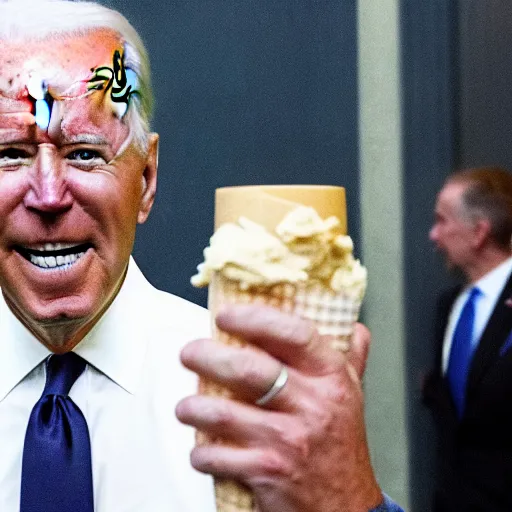 Prompt: joe biden with sunglasses on licking an icecream cone standing in the whitehouse