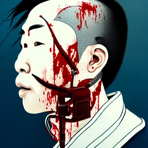 Prompt: portrait of a chinese man :: side profile :: oxygen mask :: blood and ocean intricate details :: 8k :: by vikings and Sandra Chevrier