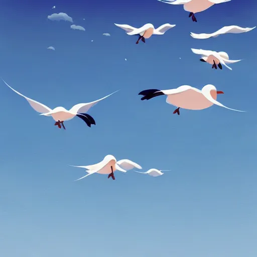 Image similar to Sky full of fluffy clouds with a family of seagulls trying to fish in the sea, ilustration art by Goro Fujita