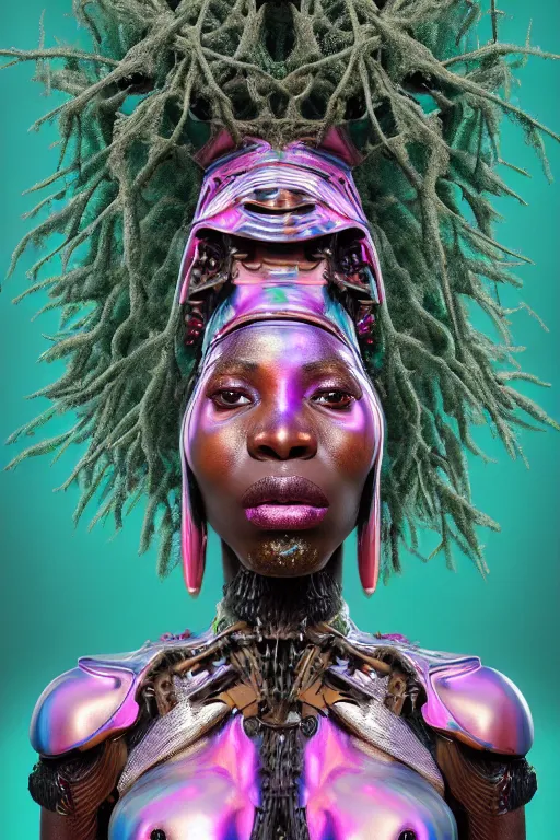 Image similar to hyperrealistic post - maximalist masterpiece super expressive! yoruba goddess with exoskeleton armor, merging with tree in a forest, highly detailed digital art cinematic, smooth cam de leon eric zener dramatic pearlescent soft teal pink light, ground angle hd 8 k, sharp focus