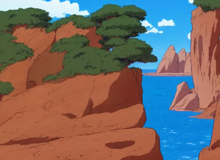 Prompt: bathed in sun, pleasing morning, appealing smooth flat rocky environment sunningrocks by the river's shore, sparse clearing, still placid environment matte painting from studio ghibli and the fox and the hound ( 1 9 8 1 )