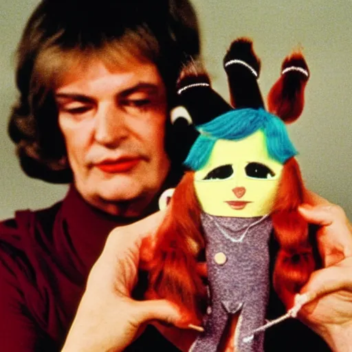 Prompt: 1976 a woman holding a hand puppet made out of human hair and cute eyes 16mm technicolor Almodovar John Waters Russ Meyer Doris Wishman old photo