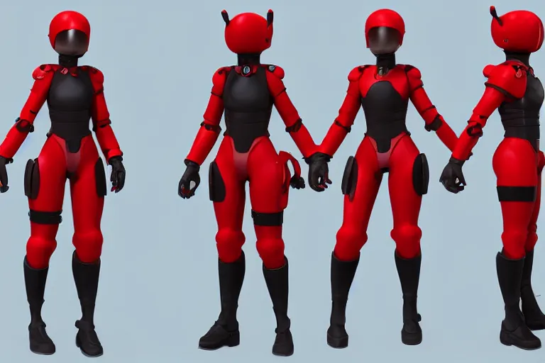 Prompt: 3d model sheet tpose turnaround of a cute sensual female sci fi character with black hair and red armored space outfit with stylized pixar mom proportions