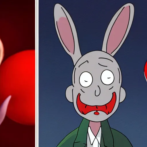 Image similar to grunge painting of bugs bunny with a wide smile and a red balloon screenshot from rick and morty, creepy lighting, horror theme, detailed, elegant, intricate, conceptual