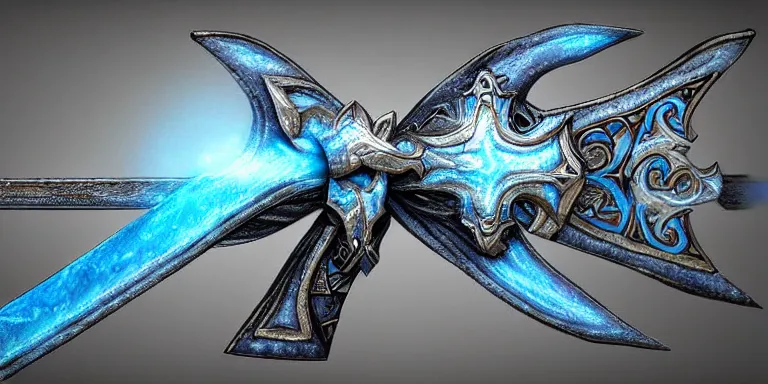 Image similar to glacier warrior bow, blue snow theme bow, fantasy bow of warrior, armored bow, glacier coloring, epic fantasy style art, fantasy epic digital art, epic fantasy weapon art