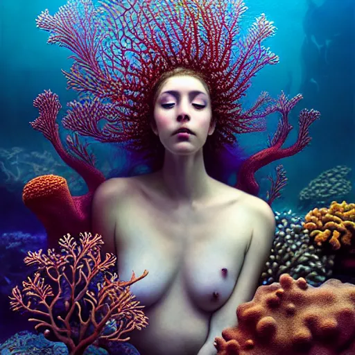 Prompt: unique non-conventional beauty, ornamental fish and corals and seaweed, surreal, intricate, etheric, floating, sensual, dramatic lighting, emotionally evoking symbolic metaphor, painterly, insanely detailed, lifelike, digital painting, artstation, concept art, smooth, sharp focus, illustration, art by John Collier and Krenz Cushart and Artem Demura and Alphonse Mucha and Albert Aublet