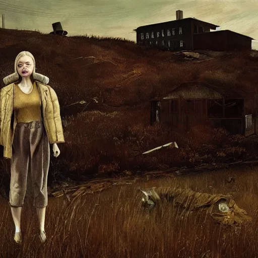 Image similar to Elle Fanning in the painted world of Fallout 3, head and shoulders masterpiece, apocalypse, golden hour, cosmic horror, artstation, in the style of Andrew Wyeth and Edward Hopper and Bosch, extremely detailed