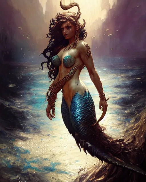 Image similar to a fierce mermaid warrior under water, fantasy character portrait, ultra realistic, concept art, intricate details, highly detailed by greg rutkowski, gaston bussiere, craig mullins, simon bisley