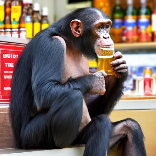 Image similar to a chimpanzee drinking beer in a corner shop