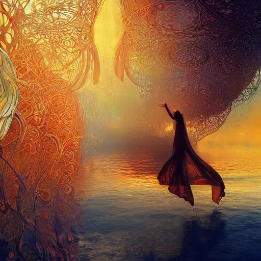 Image similar to ocean of canvas that catches fire, magical, concept art, art nouveau, inspired by Reylia Slaby, Peter Gric, trending on artstation, volumetric lighting, intricate, ornate, CGsociety: 3, hypermaximalist, octane render, micro details, 3d sculpture, ray tracing, 8kjpeg artifacts, dof, blur, text:-1