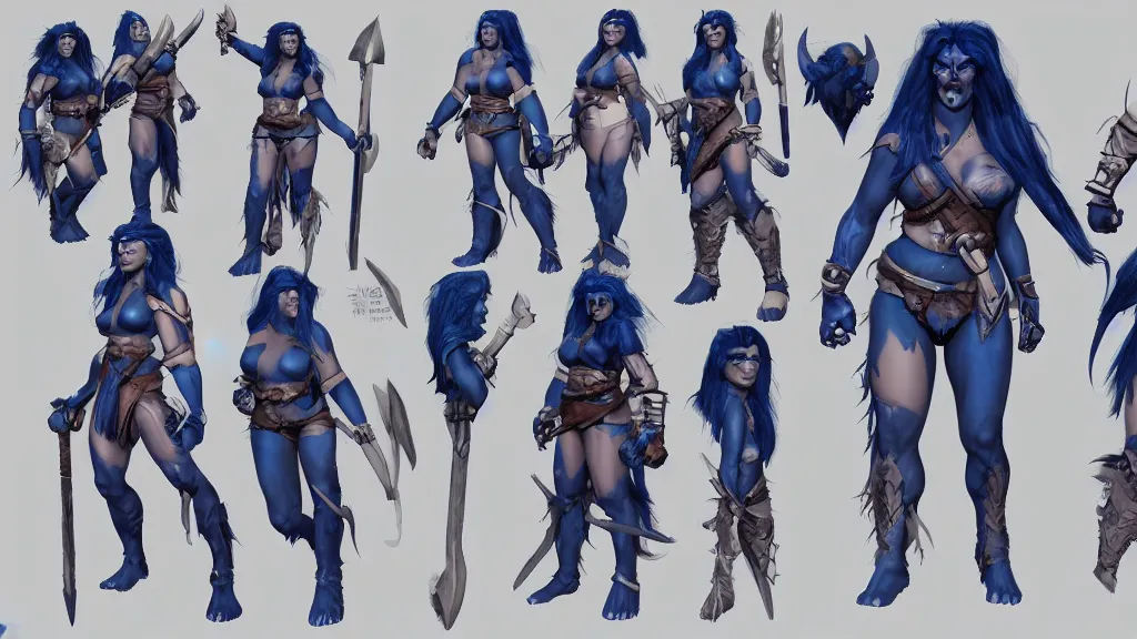 Prompt: a fantasy dark blue haired female barbarian orc character design sheet, trending on artstation