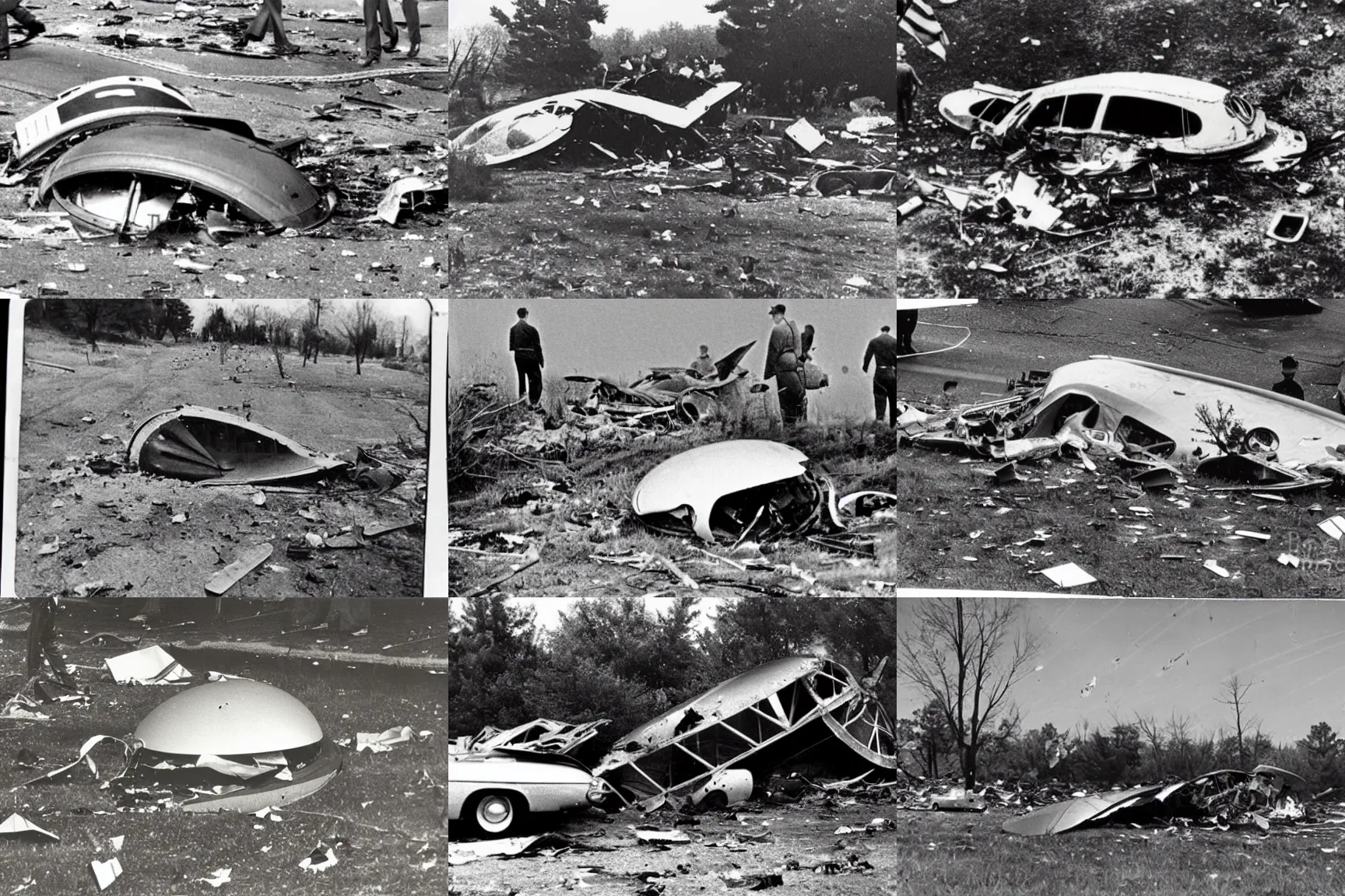 Prompt: old photograph of flying saucer crash, accident scene, 1950s, debris field, military soldiers nearby