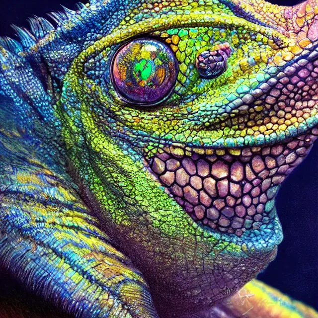 Prompt: detailed portrait of beautiful chameleon surrounded by iridescent smoke, dark fantasy, sharp focus, in vibrant, vivid, magical shiny skin, symmetry, highly detailed, 4 k digital painting, detailed skin, crystal, magical, raytracing, plasma, artistic, concept art by artgerm, greg rutkowski, alphonse mucha, unreal engine render,