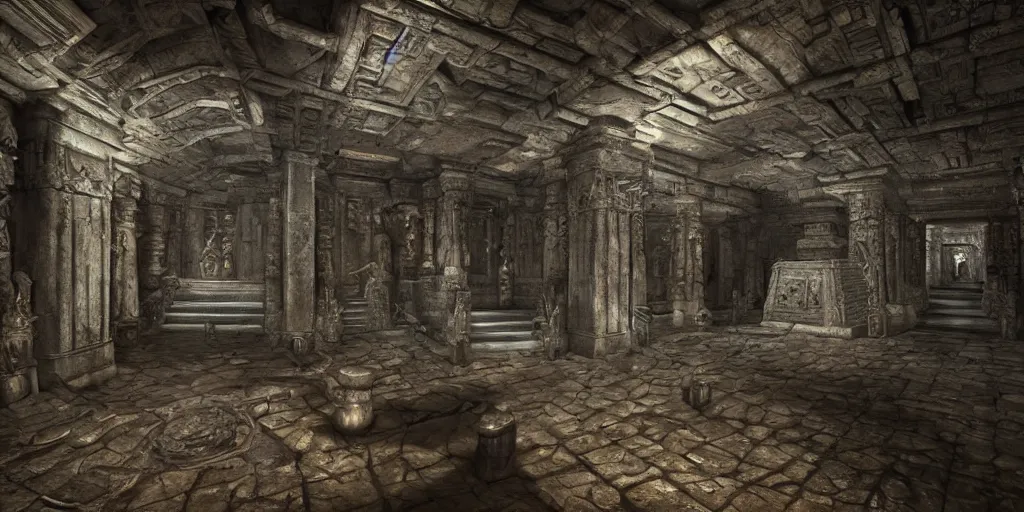 Prompt: large evil underground ruined temple, highly detailed carvings of weird symbols on the floor, dark dramatic atmosphere, highly detailed, ultra - realistic, tomb raider, unreal engine, cinematic, 4 k