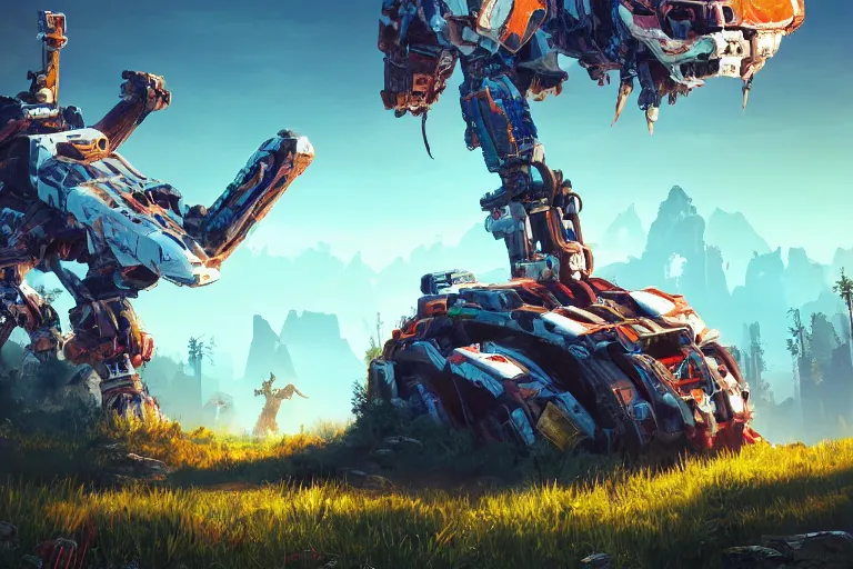 Image similar to scrapper machine mecanical creature robot of horizon forbidden west horizon zero dawn radiating a glowing aura global illumination ray tracing hdr fanart arstation by ian pesty and alena aenami artworks in 4 k