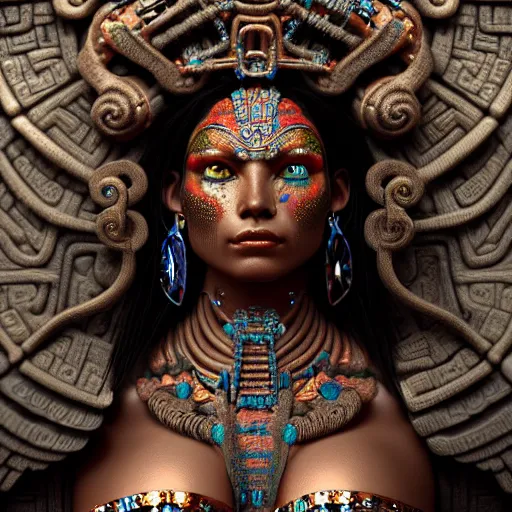 Image similar to mayan goddess , very detailed face, detailed features, fantasy, circuitry, explosion, dramatic, intricate, elegant, highly detailed, digital painting, artstation, concept art, smooth, sharp focus, illustration, art by Gustave Dore, octane render