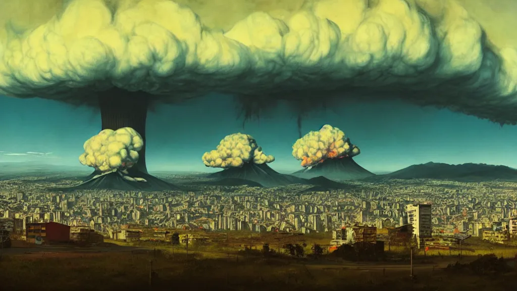 Image similar to Nuclear Fallout towering over the town of Quito by Simon Stålenhag and J.M.W. Turner, oil on canvas; Art Direction by Adam Adamowicz; 4K, 8K epic drone shots; Ultra-Realistic Depth Shading