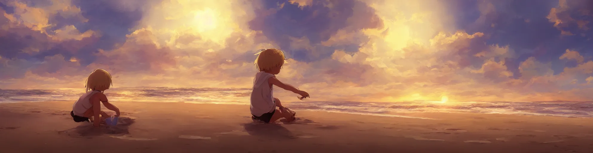 Image similar to beautiful, detailed digital painting of a blond-haired child making sandcastles on the beach and looking at the sunset, anime by Makoto Shinkai, sand, waves, trending on artstation