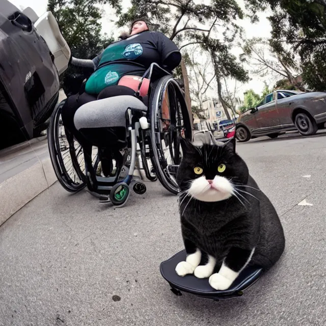 Image similar to fisheye photo of super fat angry cat sitting in a wheelchair