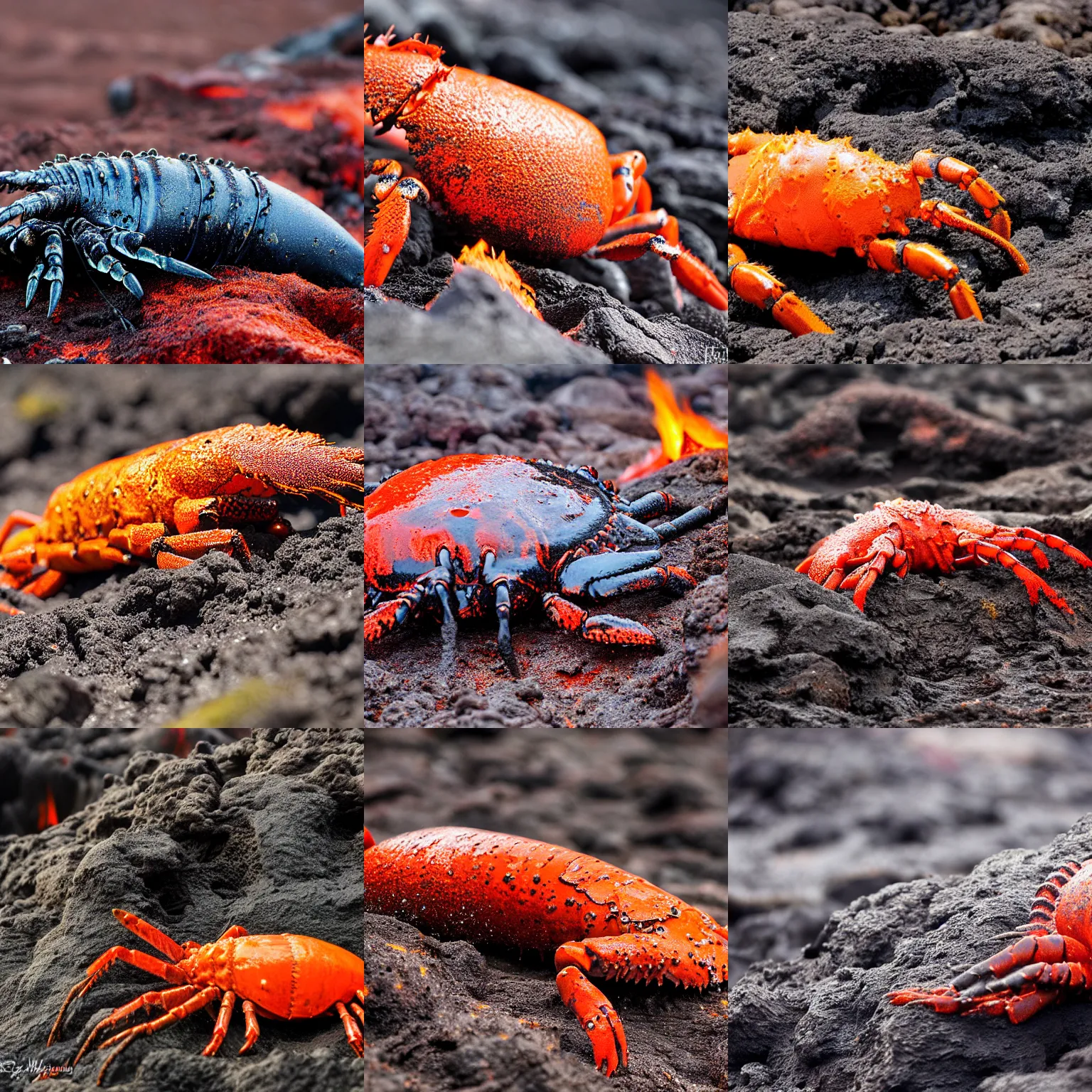 Prompt: a lava lobster covered in lava, oozing lava, found on a volcano, wildlife photography