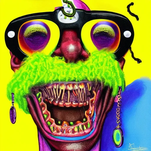 Prompt: a snoop dogg wearing sun glasses tennis ball monster, snoop dogg tennis ball monster, monster teeth, colorful, digital art, fantasy, magic, chalk, trending on artstation, ultra detailed, professional illustration by basil gogos