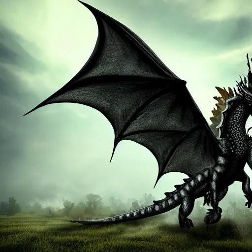Prompt: black scaled fire - breathing dragon with big wings, forest background, 4 k, cinematic composition, fantasy, extremely detailed, hyperrealism