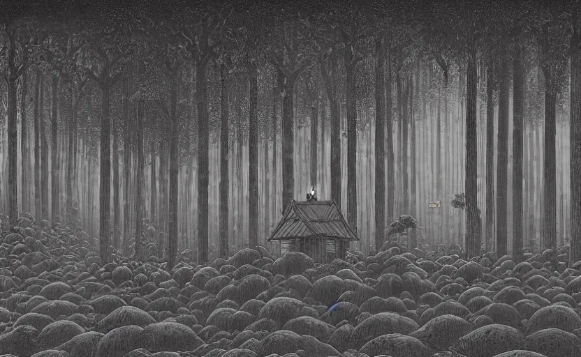 Prompt: giant forest with single wooden cabin, made by Kawase Hasui in unkiyo-e style in disturbing and gloomy atmosphere in Junji Ito style with vibes of Joe Fenton, H. R. Giger, M. C. Escher, Z. Beksinski