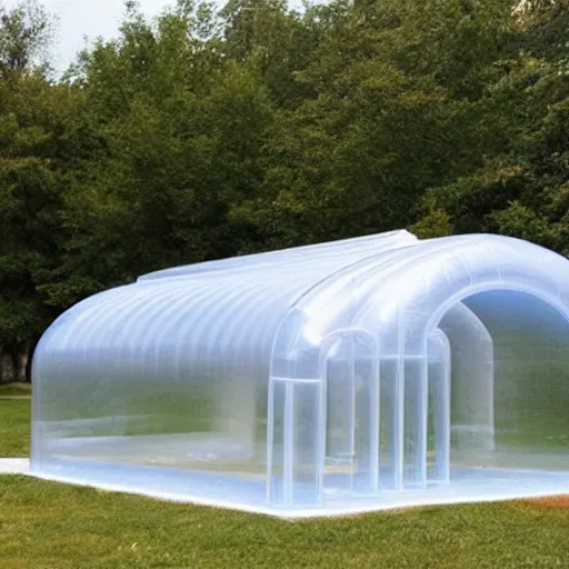 Prompt: blowing a transparent inflatable house