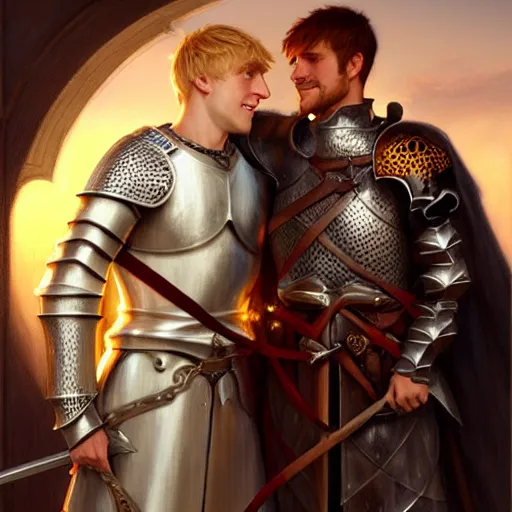 Image similar to attractive arthur pendragon and his favourite attractive male knight, they are in love, camelot, natural lighting, path traced, highly detailed, high quality, digital painting, by gaston bussiere and ross tran and j. c. leyendecker