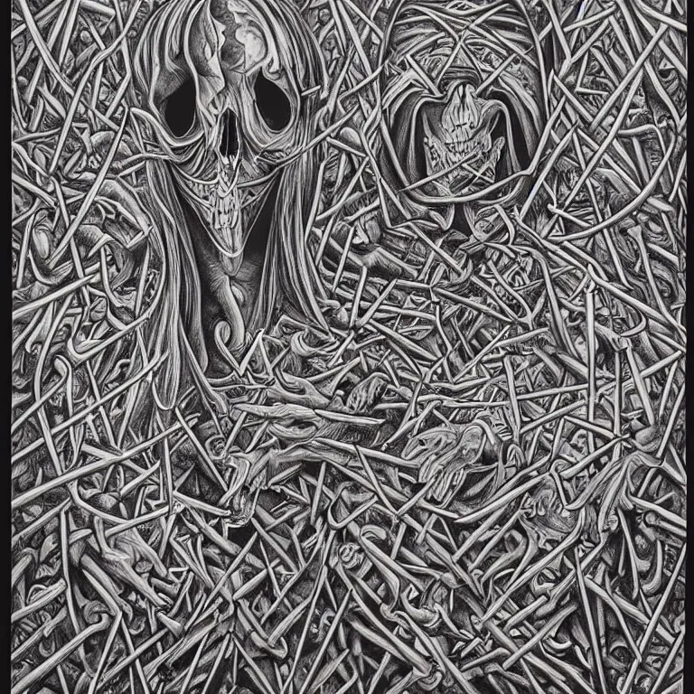 Prompt: meaning of death by Alex Grey and M. C. Escher collaboration