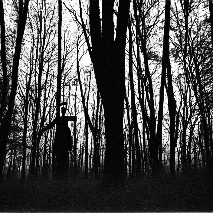 Image similar to a creepy and slender shadowy figure with long limbs in the dark woods at night, 35 mm, film shot