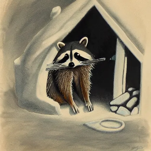 Prompt: a raccoon sipping tea in the doorway to an igloo, photorealistic