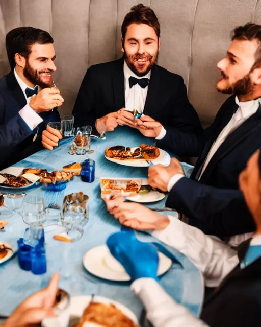 Image similar to a group of well dressed gentleman eating blue toothpaste toasts in a fancy restaurant,