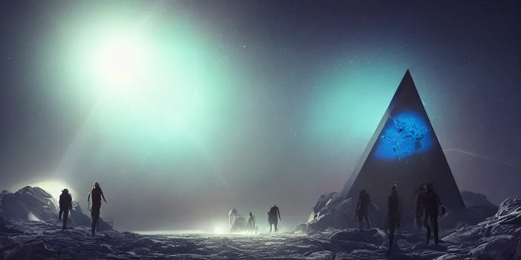 Prompt: a massive tetrahedron with glowing blue edges and iridescent pitch black faces floating above an alien planet, a digital painting, trending on Artstation, octane render, ultra detailed by artgerm