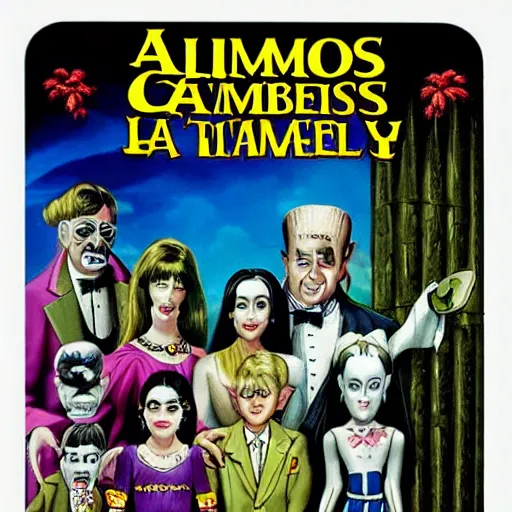 Prompt: video game box art of a commodore 6 4 game called the addams family goes to vegas, highly detailed cover art.